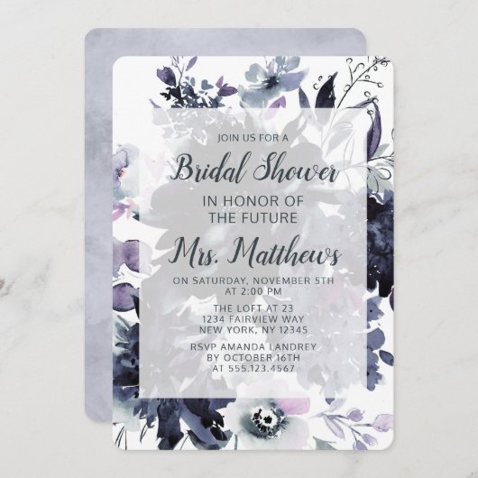 夜間フローラダスティブルー&ネイビーブライダルシャワー 招待状 (正面/裏面)