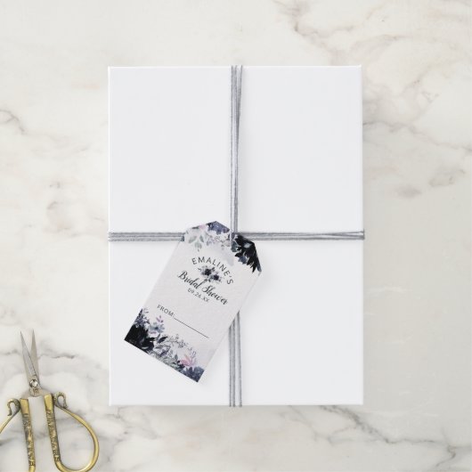 夜間フローラネイビーブルーブライダルディスプレイシャワー ギフトタグ (より糸付き)