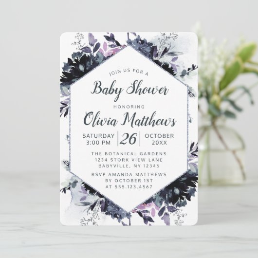 夜間フローラネイビーブルー&グレーベビーガールシャワー 招待状 (スタンド正面)