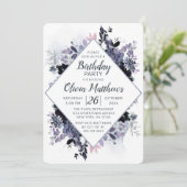 夜間フローラネイビーブルー&グレー誕生日パーティー 招待状 (スタンド正面)