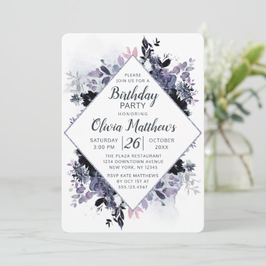 夜間フローラネイビーブルー&グレー誕生日パーティー 招待状 (スタンド正面)