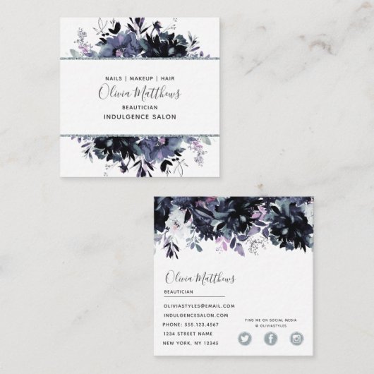 夜間フローラ水色ネイビーブルーグレー枠 スクエア名刺 (正面/裏面)