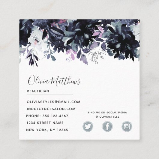 夜間フローラ水色ネイビーブルーグレー枠 スクエア名刺 (裏面)