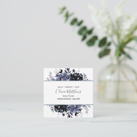 夜間フローラ水色ネイビーブルーグレー枠 スクエア名刺 (スタンド正面)