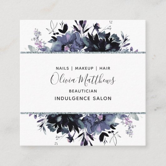 夜間フローラ水色ネイビーブルーグレー枠 スクエア名刺 (正面)