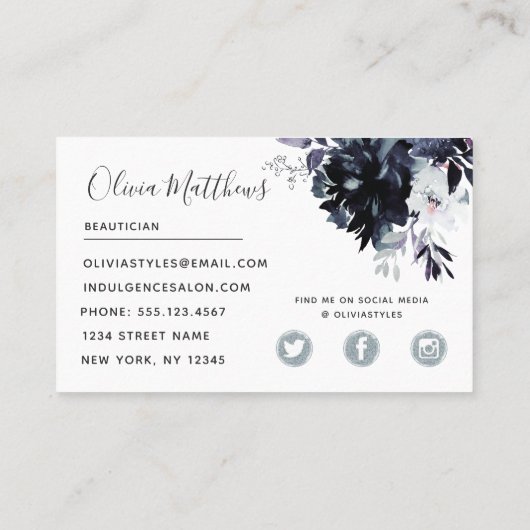 夜間フローラ水色海軍グレーソーシャルメディア 名刺 (裏面)