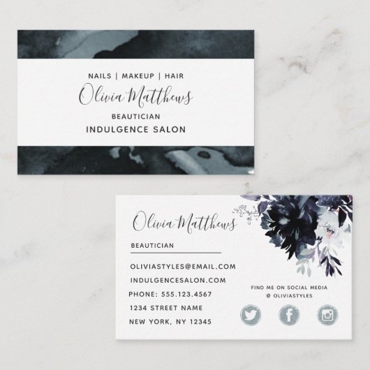 夜間フローラ水色海軍グレーソーシャルメディア 名刺 (正面/裏面)