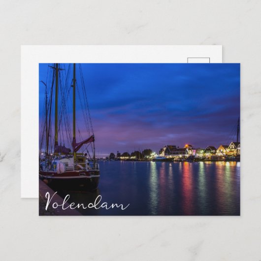 夜間ライトアップされたVolendam港 ポストカード (正面/裏面)