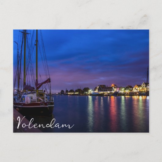 夜間ライトアップされたVolendam港 ポストカード (正面)