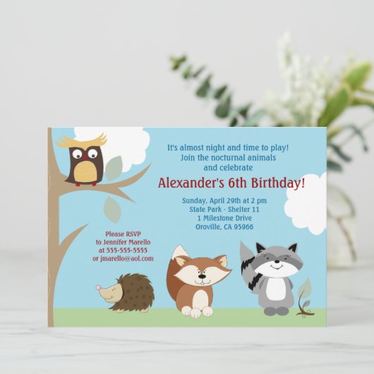 夜間森林動物5x7誕生日招待状 招待状 (スタンド正面)