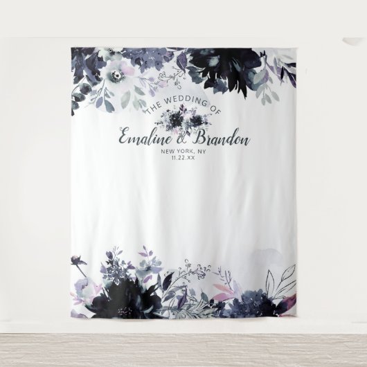 夜間花卉 ネイビー ウェディング フォトブース 背景 タペストリー (正面)