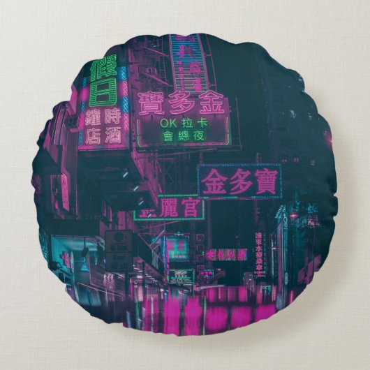 夜間通りにネオン灯を盛り合わせる ラウンドクッション (正面)