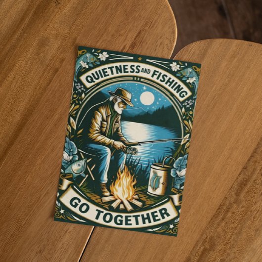 夜間魚釣りとキャンプファイア ポストカード