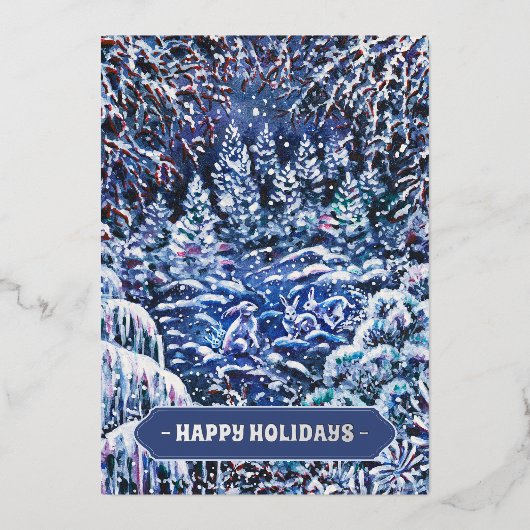 夜静かの手の水絵を描色のクリスマス 箔シーズンカード (正面)