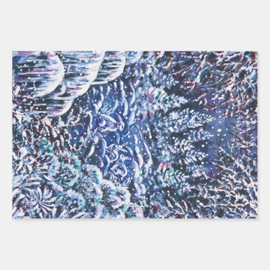 夜静かの手絵を描水の色の冬の森 ラッピングペーパーシート (正面)