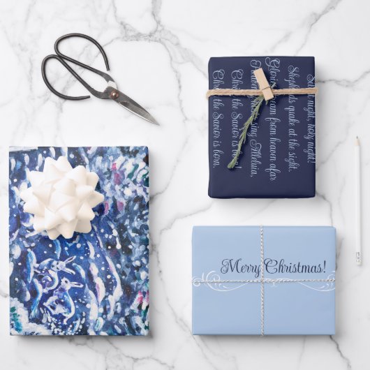 夜静かの手絵を描水の色の冬の森 ラッピングペーパーシート (正面)