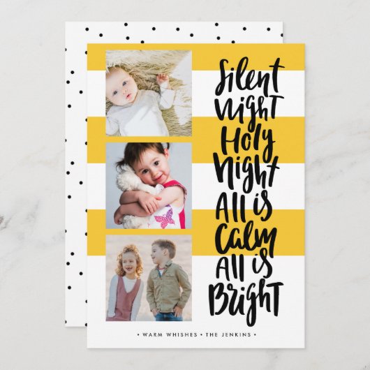 夜静かの3つの写真の休日クリスマスイエロー 招待状 (正面/裏面)