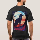 夜鳴き声：宇宙の月の下でガラスで吹かれた狼 Tシャツ (裏面)