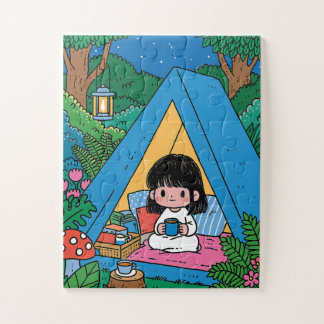 夜、居心地の良いテントでキャンプする女の子 ジグソーパズル