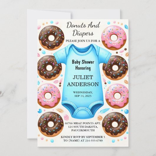 夢でピンクの青いドーナツとオムツ赤ちゃんシャワー 招待状 (正面)