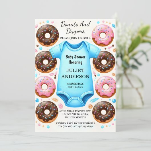 夢でピンクの青いドーナツとオムツ赤ちゃんシャワー 招待状 (スタンド正面)