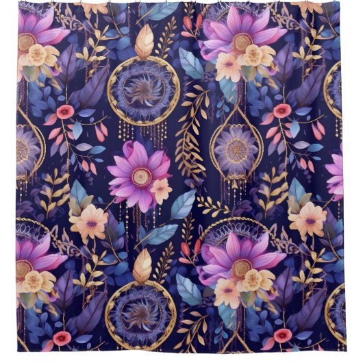 夢のお洒落キャッチャーboho暗いフローラ紫 シャワーカーテン (正面)