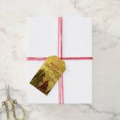 夢のぼやけ金ゴールドと赤いクリスマスツリー ギフトタグ (より糸付き)