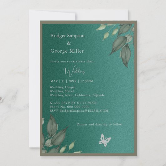 夢のようなエメラルドグリーン結婚グリッターの葉 招待状 (正面)