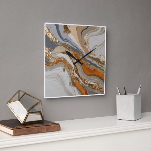 夢のようなオレンジと灰色の大理石を持つ壁時計 スクエア壁時計 (オフィス)