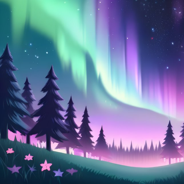 夢のようなオーロラの夜：紫の森と緑の光 ラップトップスリーブ (Aurora's Dream Forest - Vibrant purple and green Northern Lights. )