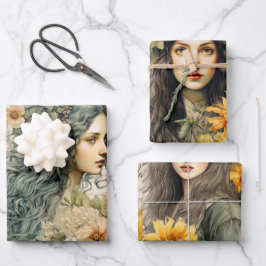 夢のようなジリーなヴィンテージに触発された女の子と花 ラッピングペーパーシート