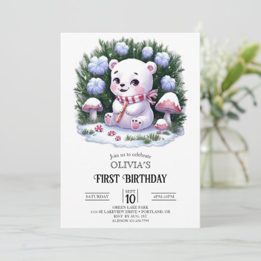 夢のようなスノーフレークポーラーベア1st誕生日デジタル 招待状 (スタンド正面)