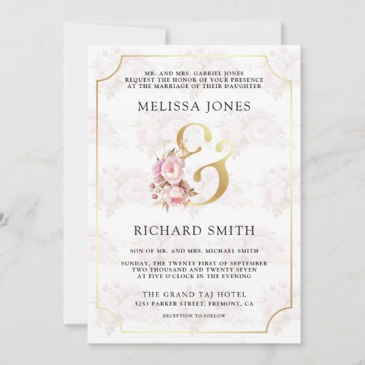 夢のようなソフトピンクのフローラ金ゴールド結婚すべて 招待状 (正面)