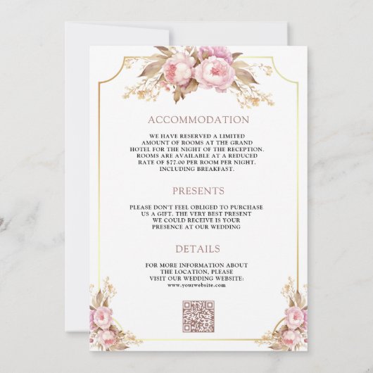 夢のようなソフトピンクのフローラ金ゴールド結婚すべて 招待状 (裏面)