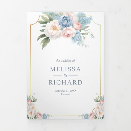 夢のようなソフトブルーピンクのフローラ結婚すべて 三つ折り招待状 (カバー)