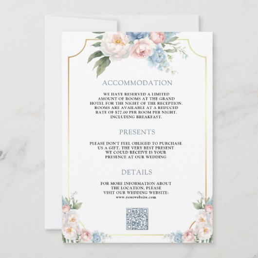 夢のようなソフトブルーピンクのフローラ結婚すべて 招待状 (裏面)