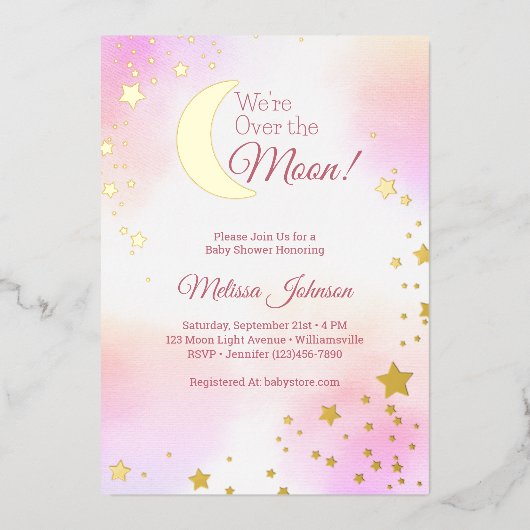 夢のようなピンクが月の女の子の赤ちゃんシャワー 箔招待状 (正面)