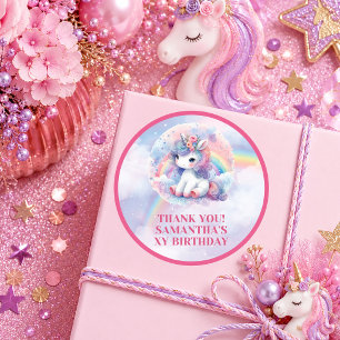 夢のようなピンクとパープルのユニコーンガール誕生日パーティーステッカー ラウンドシール