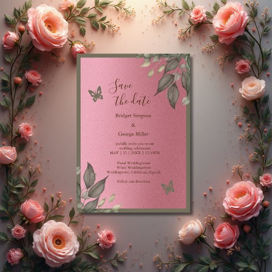 夢のようなピンクのグリッターの葉結婚は、安全な日付 招待状