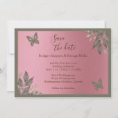 夢のようなピンクのグリッターの葉結婚は、安全な日付 招待状 (正面)