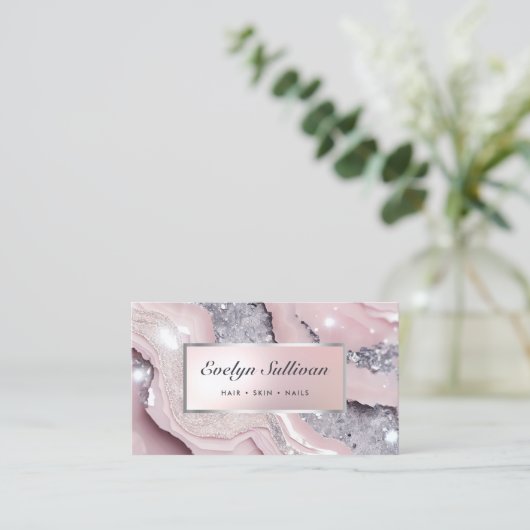 夢のようなピンクのグリッターマーブル名刺 名刺 (スタンド正面)