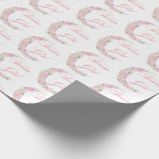 夢のようなピンクのフローラムーンチームの女の子の赤ちゃんシャワー ラッピングペーパー (角)