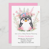 夢のようなピンクのペンギン楽しい女の子の赤ちゃんシャワー 招待状 (正面/裏面)