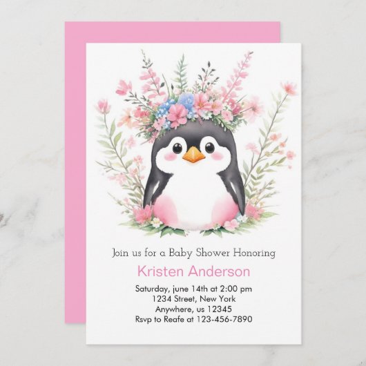 夢のようなピンクのペンギン楽しい女の子の赤ちゃんシャワー 招待状 (正面/裏面)