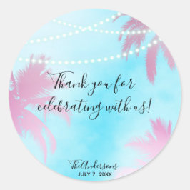 夢のようなピンクのヤシの木とブルースカイストリングライト ラウンドシール