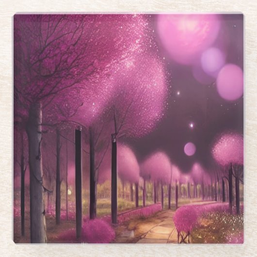 夢のようなピンクの夜景 ガラスコースター (正面)