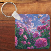 夢のようなピンクの芍薬の庭と蝶々 キーホルダー (正面)