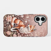 夢のようなピンクの花とキツネ iPhone 16ケース (裏面横)