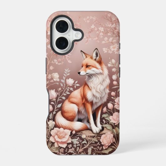 夢のようなピンクの花とキツネ iPhone 16ケース (裏面)