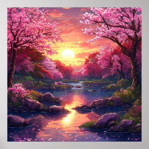🌸 夢のようなピンクの花咲く木と夕焼けの湖の静けさ ポスター